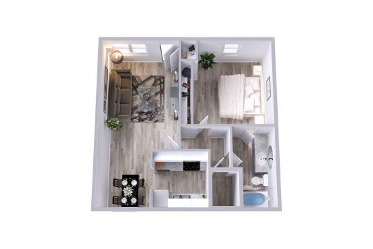 a 3d rendering of a two bedroom apartment at The Flats on Handley