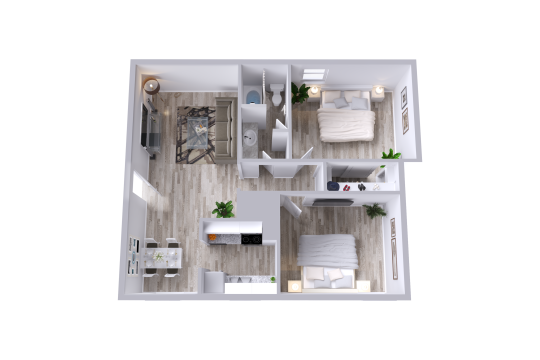 a 3d rendering of a two bedroom apartment at The Flats on Handley