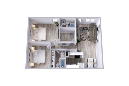 a 3d rendering of a two bedroom apartment at The Flats on Handley