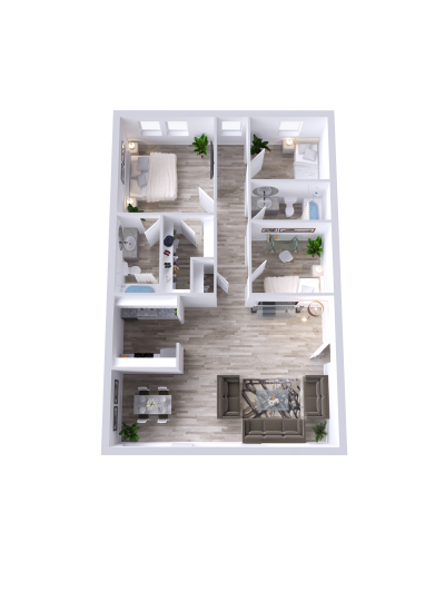 a 3d rendering of a two bedroom apartment at The Flats on Handley